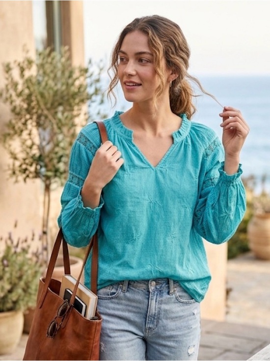 Tru Luxe Jeans Tops - Tru Luxe Jeans Teal Peasant Blouse - Casual V-Neck